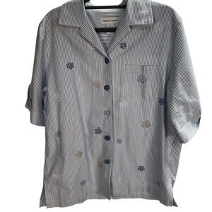 Vintage Draper's‎ & Damon's Short Sleeve Button Up Embroidered Cotton Blouse M